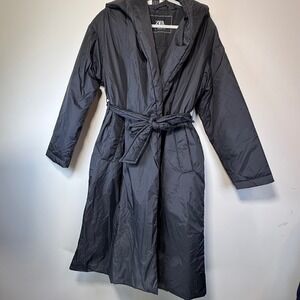 Zara Puffer Robe Coat Women XS Black Good Hooded Belted Wrap Jacket